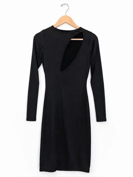 Black Bodycon Cutout Dress Long Sleeve Minimalist Chic Night Out Dress S/M - Picture 2 of 8